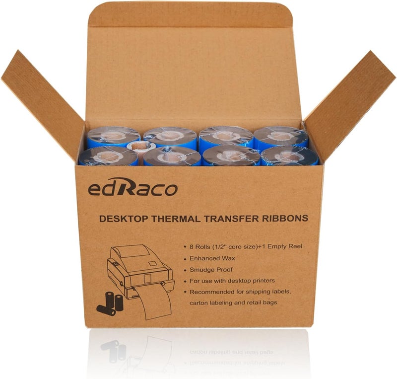 Edraco 8 Rolls Desktop Thermal Transfer Ribbons -Enhanced Wax, 4.33" x 298'(110mm x 91m), 0.5” Core, for Zebra Desktop Printer - Image 3